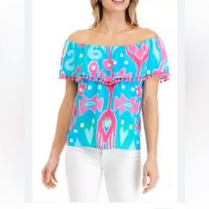 Crown & Ivy Women's Off the Shoulder Printed Top Pink Blue XL 16 18 Shirt